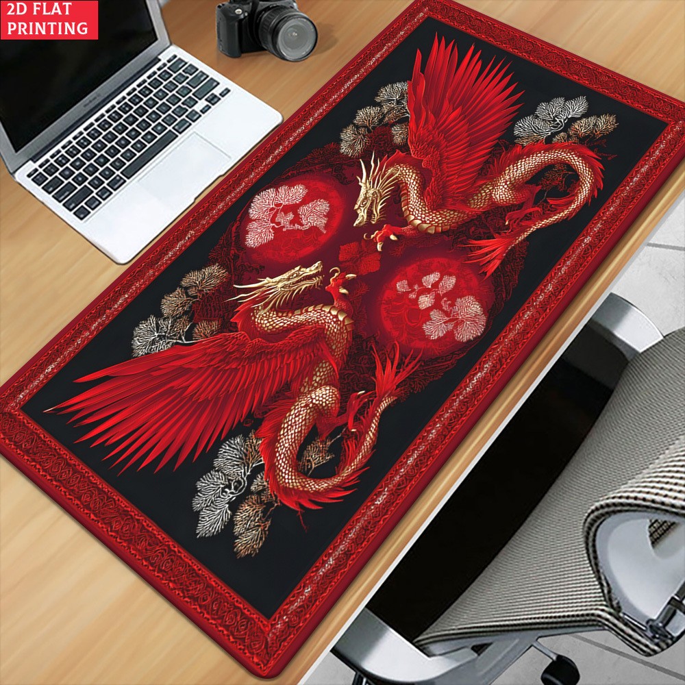 1pc Red Dragon with Floral Decor 2D Flat Pattern Pad for Desk, Gaming, Office