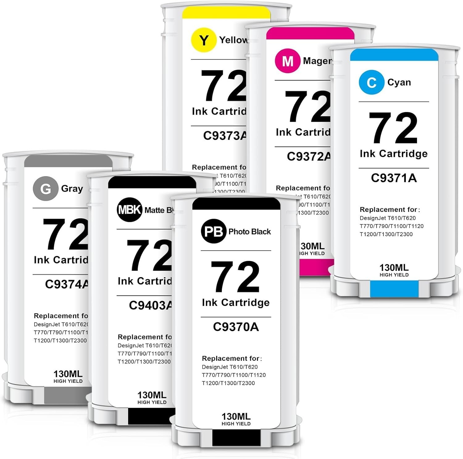 6PK 72XL Ink Cartridges Replacement for HP 72 ink T610 T620 T770 T790 T110 130ml