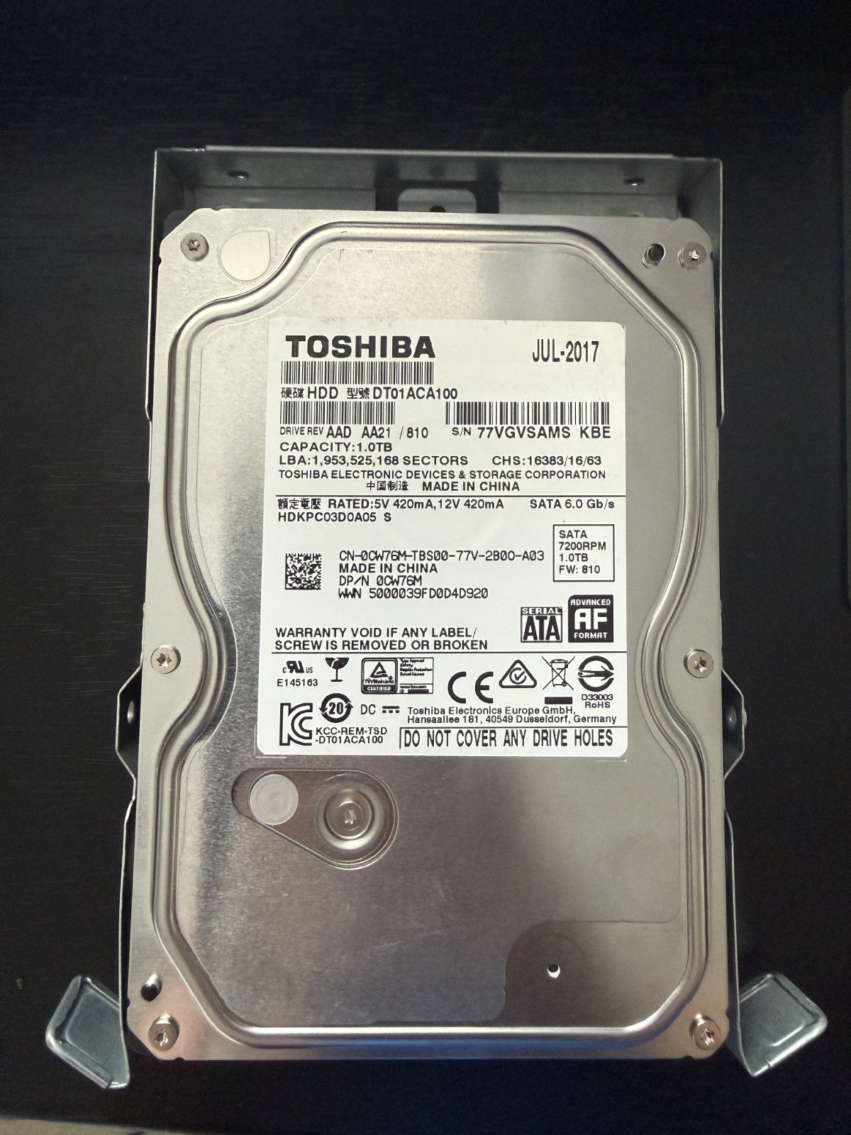 Toshiba DT01ACA100 1TB 7200RPM 3.5" SATA III HDD Dell 0CW76M Tested