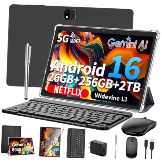 Android 16 Tablet with Keyboard - 10 inch Tablet with 26GB+256GB+2TB Black