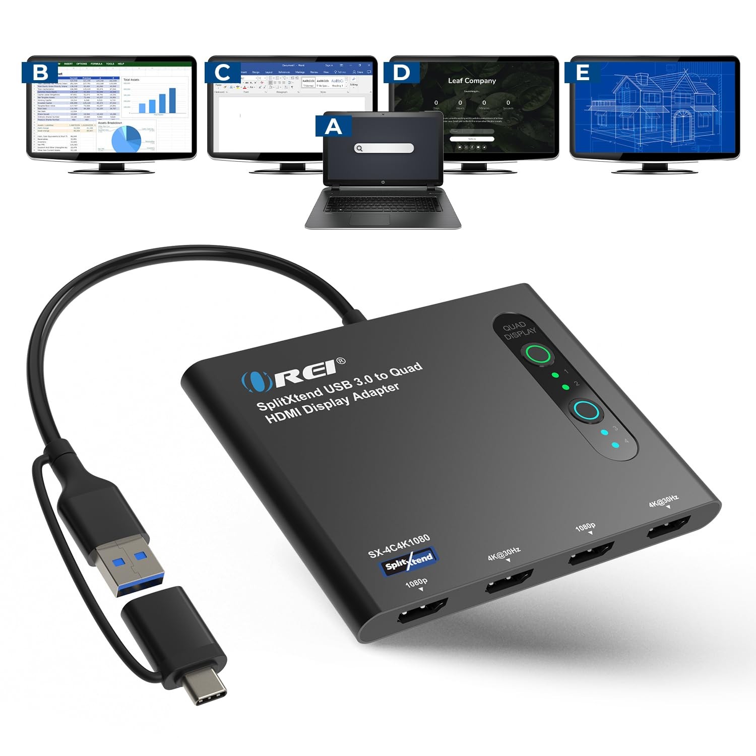 OREI SplitExtend HDMI Splitter Extended Display for Quad Monitor ,Laptop