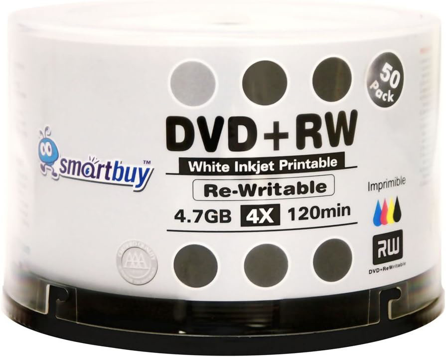 50 Pack Smartbuy Blank DVD+RW 4X 4.7GB 120Min White Inkjet Hub Printable Rewrita