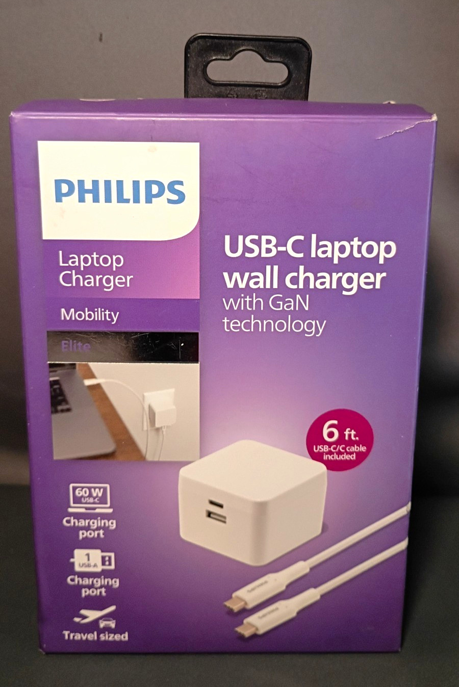 Philips USB-C GaN 60W Wall Charger w/ 6ft USB-C Cable, White DLP3523W/37