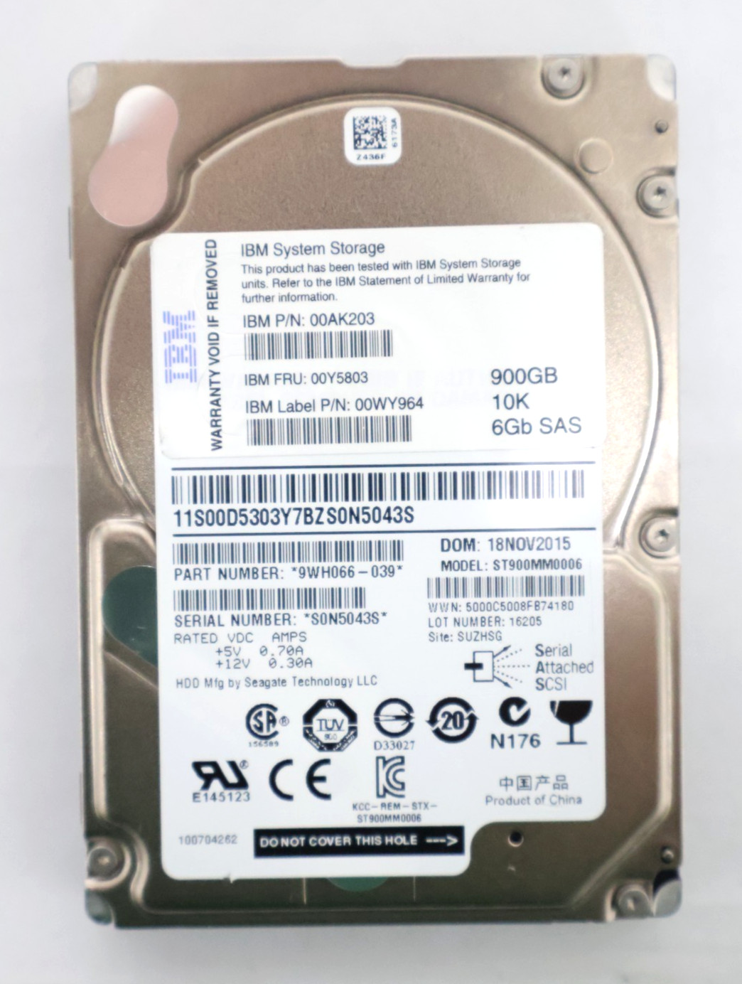 IBM 900GB 10K 2.5" SAS HDD 00Y5803 ST900MM0006 00AK203 00WY964