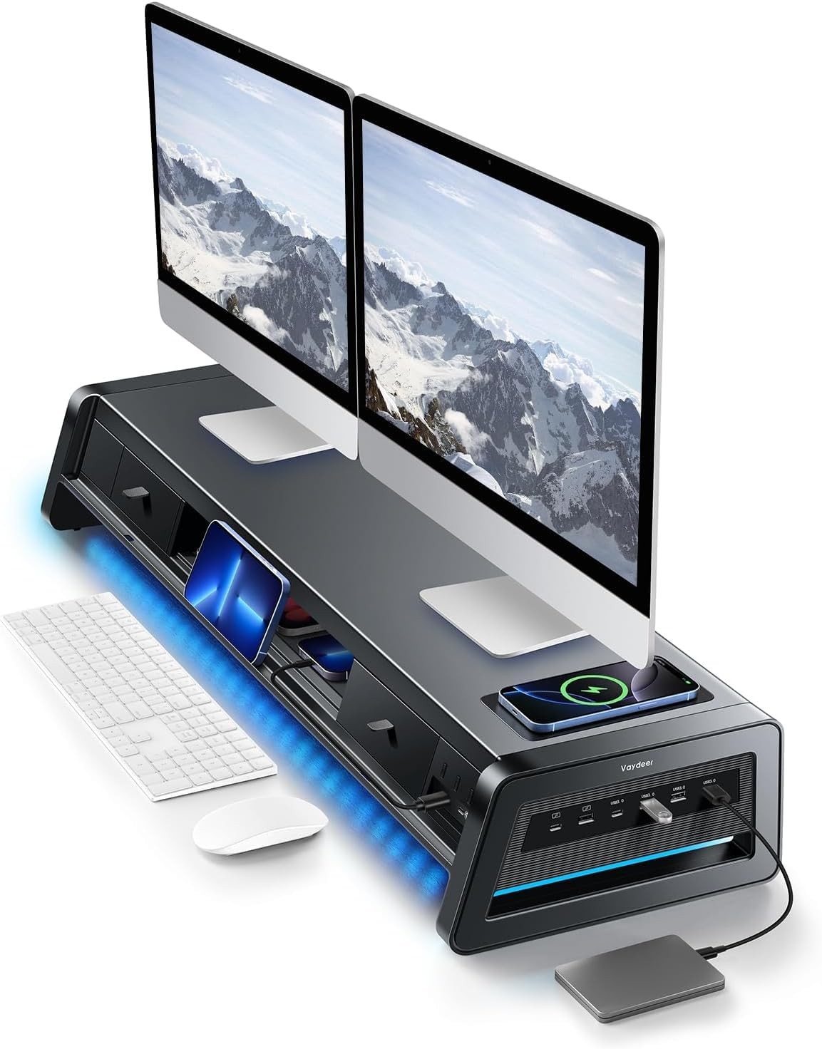 Vaydeer All-in-One Dual Monitor Stand Riser with 2 Drawers, 8USB Ports Black