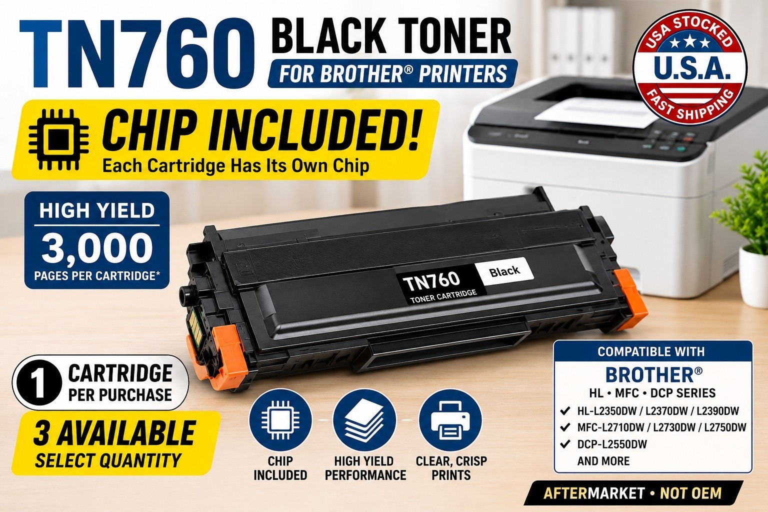 TN760 Black Toner w/Chip Compatible Brother HL-L2350DW MFC-L2710DW DCP-L2550DW