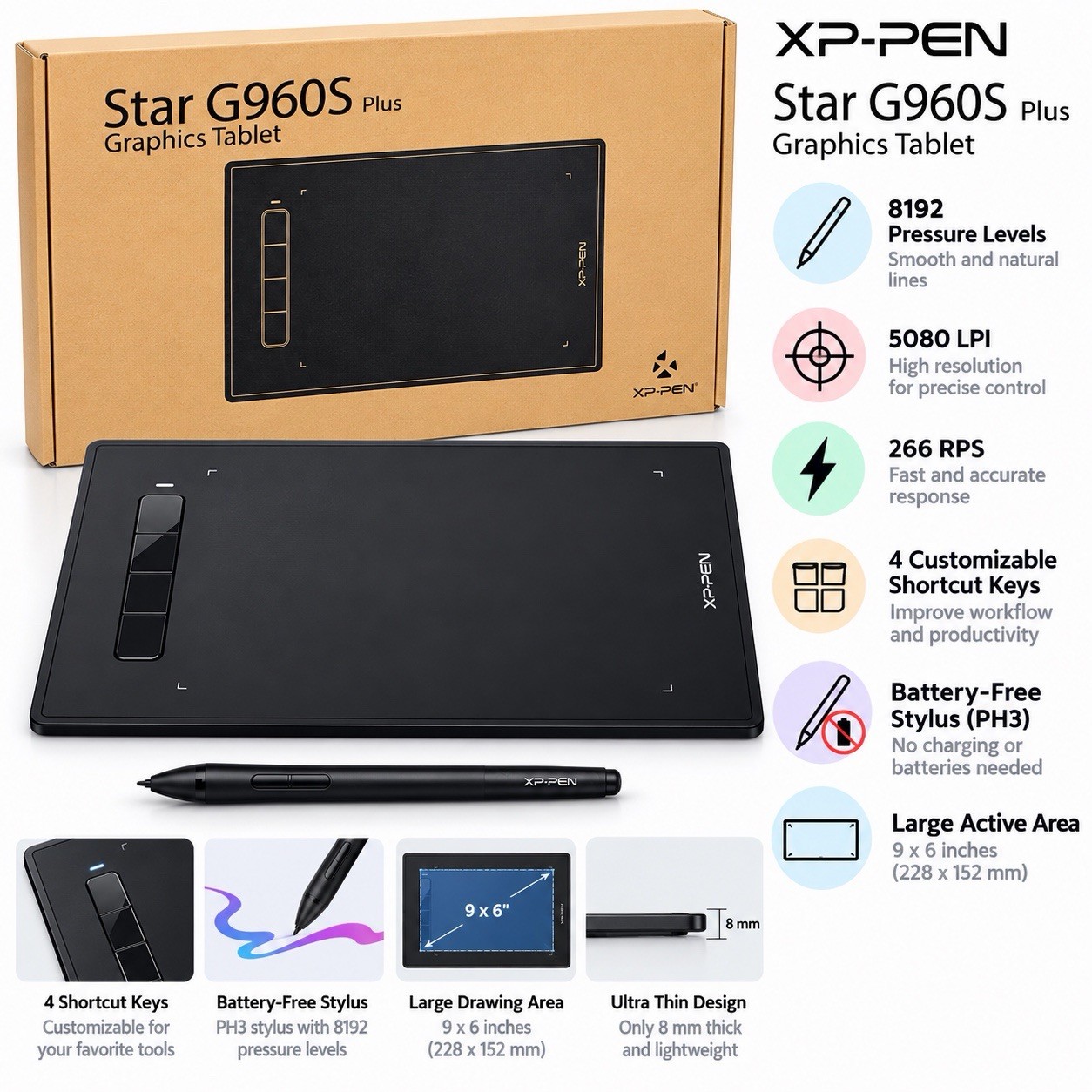 XP-Pen Star G960S Digital Drawing Graphic Tablet Tablet 8192 60° Tilt New Sealed