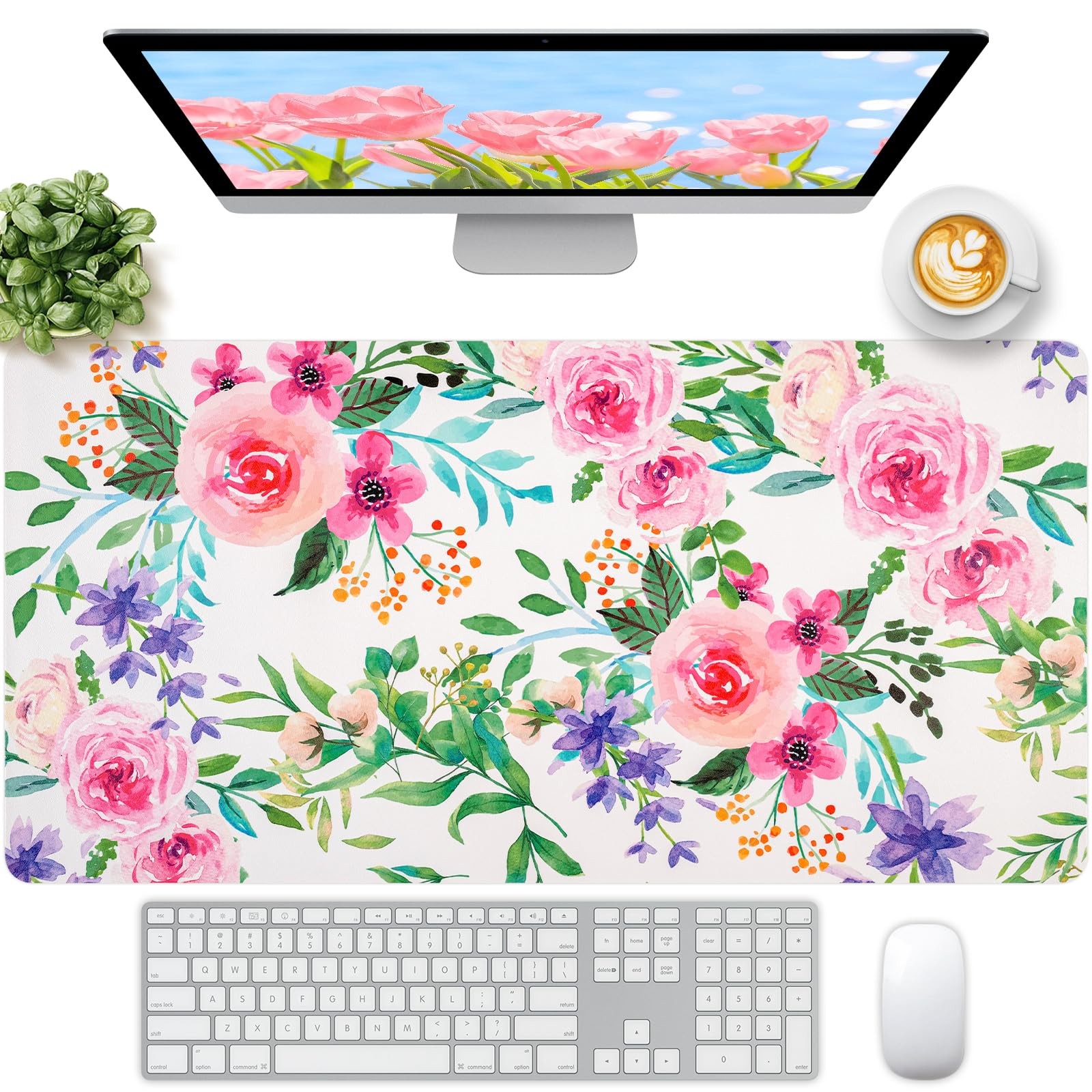 Leather Desk Pad, Pink Floral Desk Matt for Desktop, Girls Waterproof Large K...