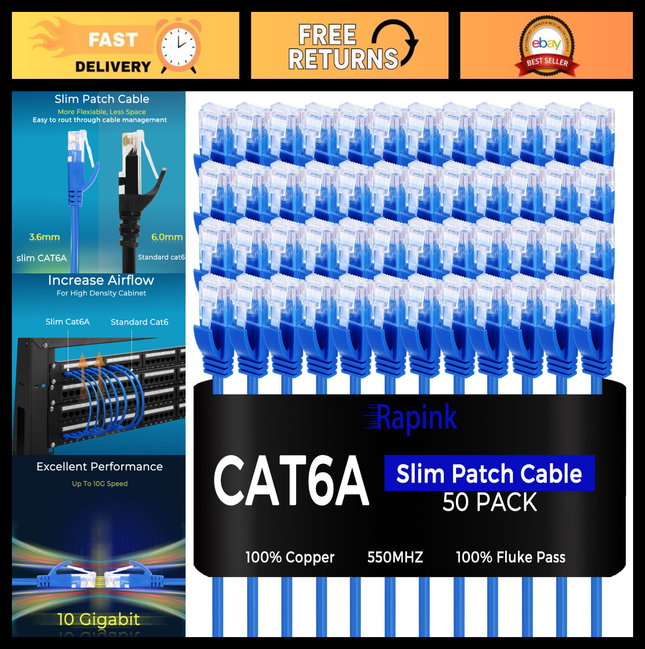 50 Pack Cat6a Ethernet Patch Cables 0.5ft - Slim, Snagless, 10G Support, Gold Pl