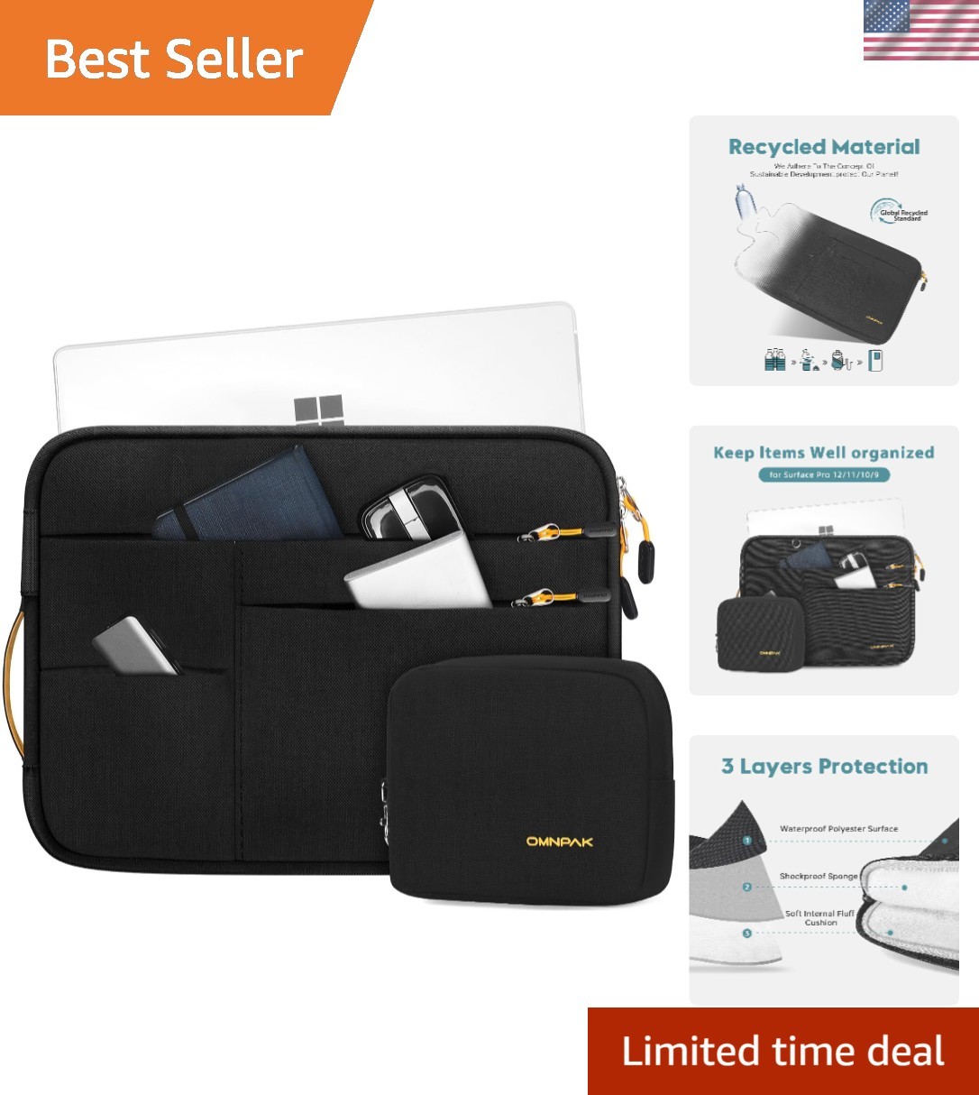 Elegant Black Laptop Sleeve for Surface Pro 11/10/9/8/7 - Perfect for Travel