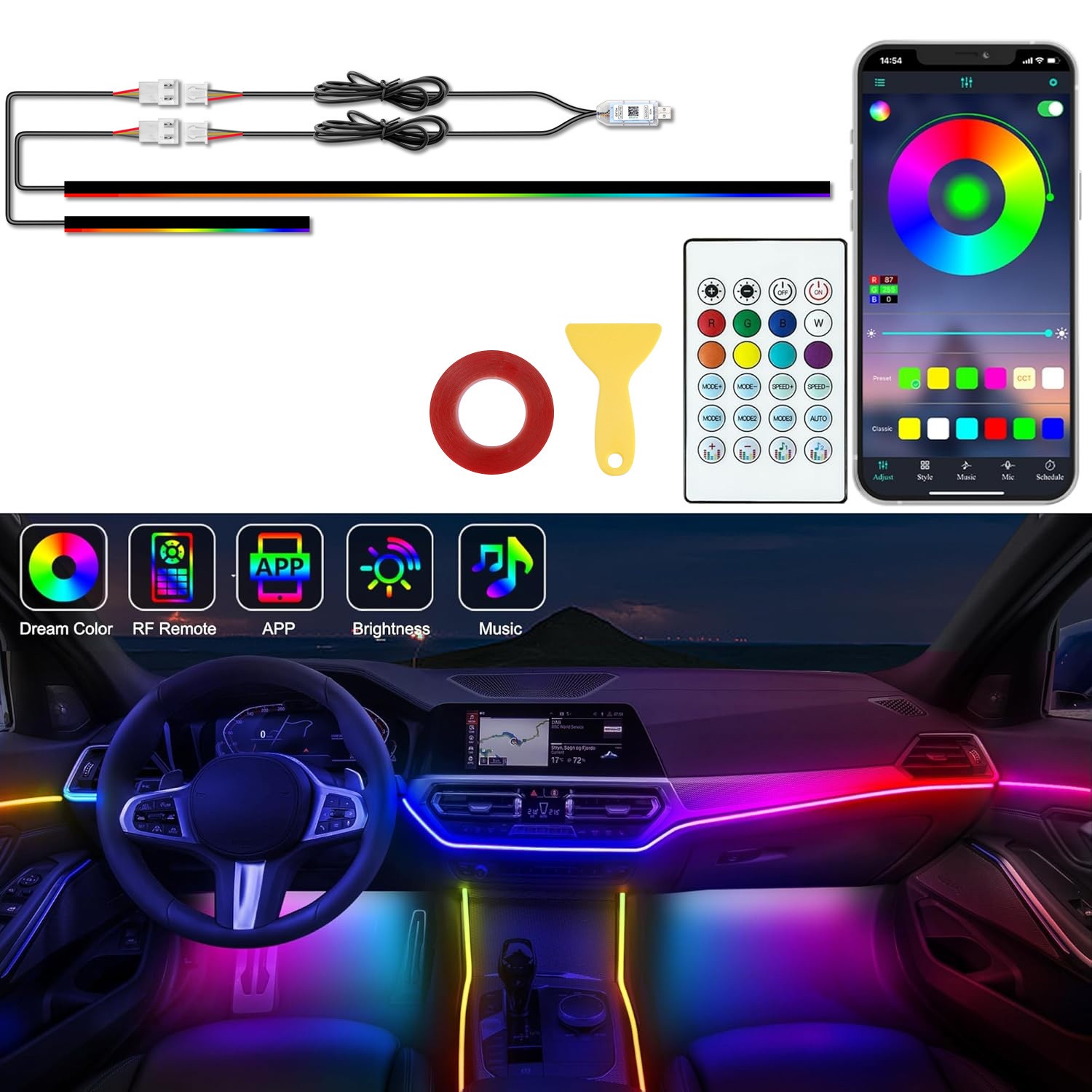 2-in-1 Car Interior Fantasy LED, Music Active, App Controlled RGB,Magic Glow,USB