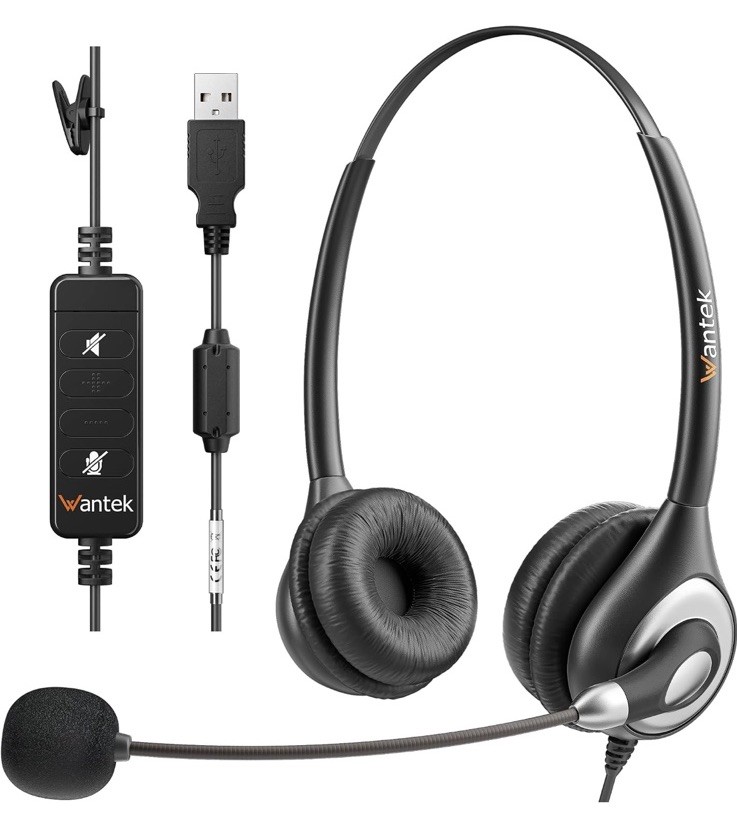 Wantek Black Silver Wired Headset Ear-Pad Headband Boom Microphone 3.5mm Jack