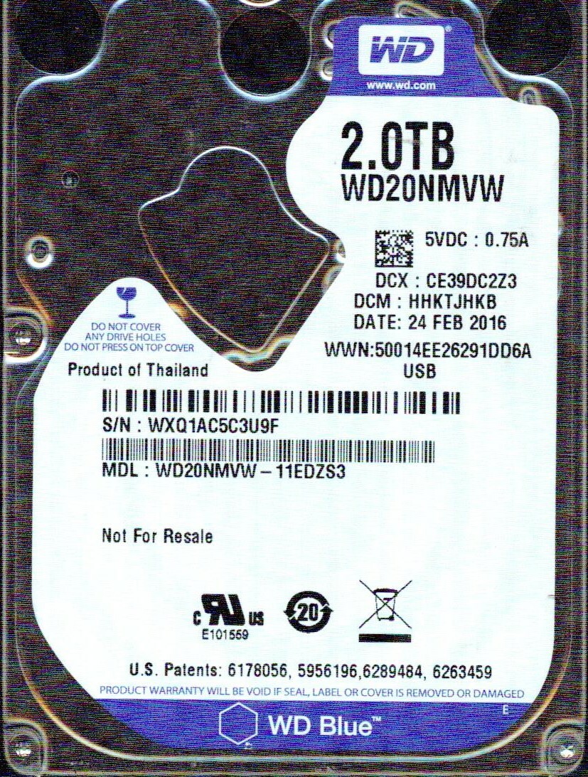 WD20NMVW-11EDZS3,  HHKTJHKB  WESTERN DIGITAL USB3 2TB FEB 2016  WXQ1
