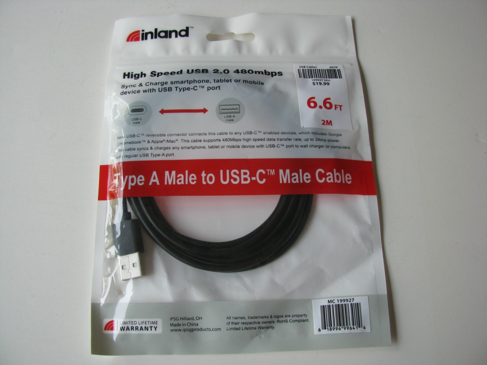 inland High Speed USB 2.0 Type A USB male to USB-C Male Cable Black 6.6 ft feet