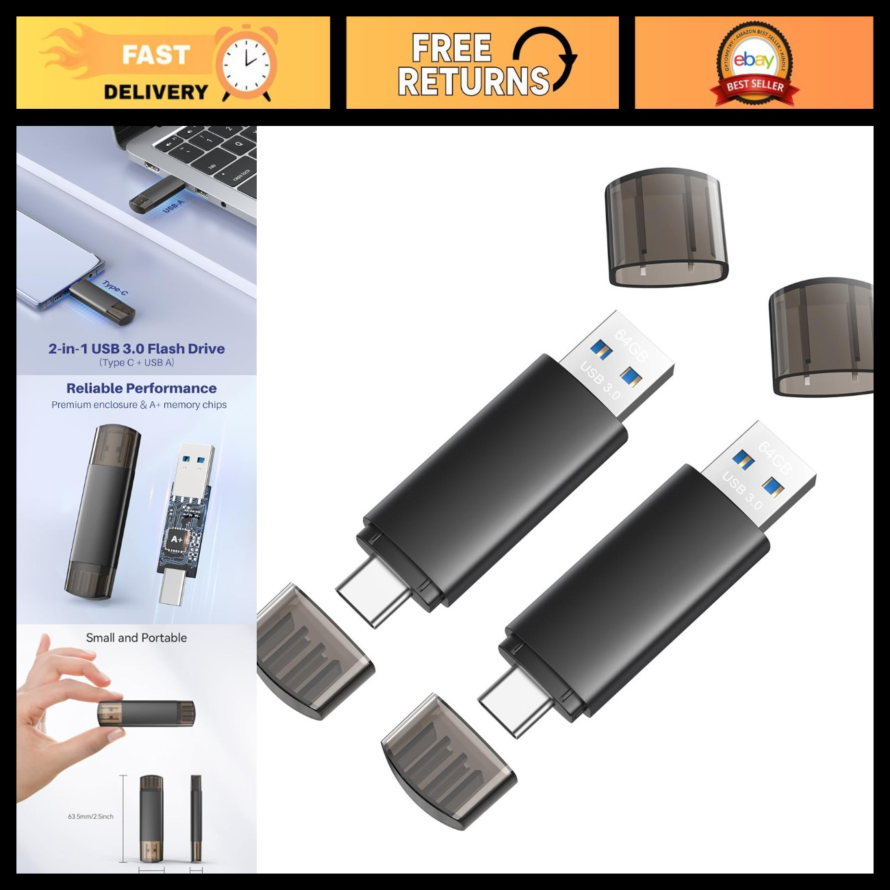 64GB Dual USB Flash Drive 2-in-1 Type-C & USB-A Portable Thumb Drive (2 Pack)