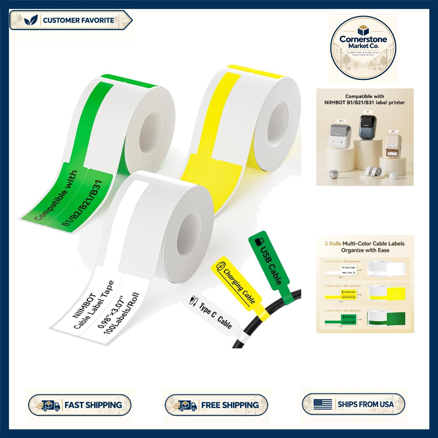 Versatile 3-Roll Self-Adhesive Cable Labels for Label Makers - 300 Total Labels