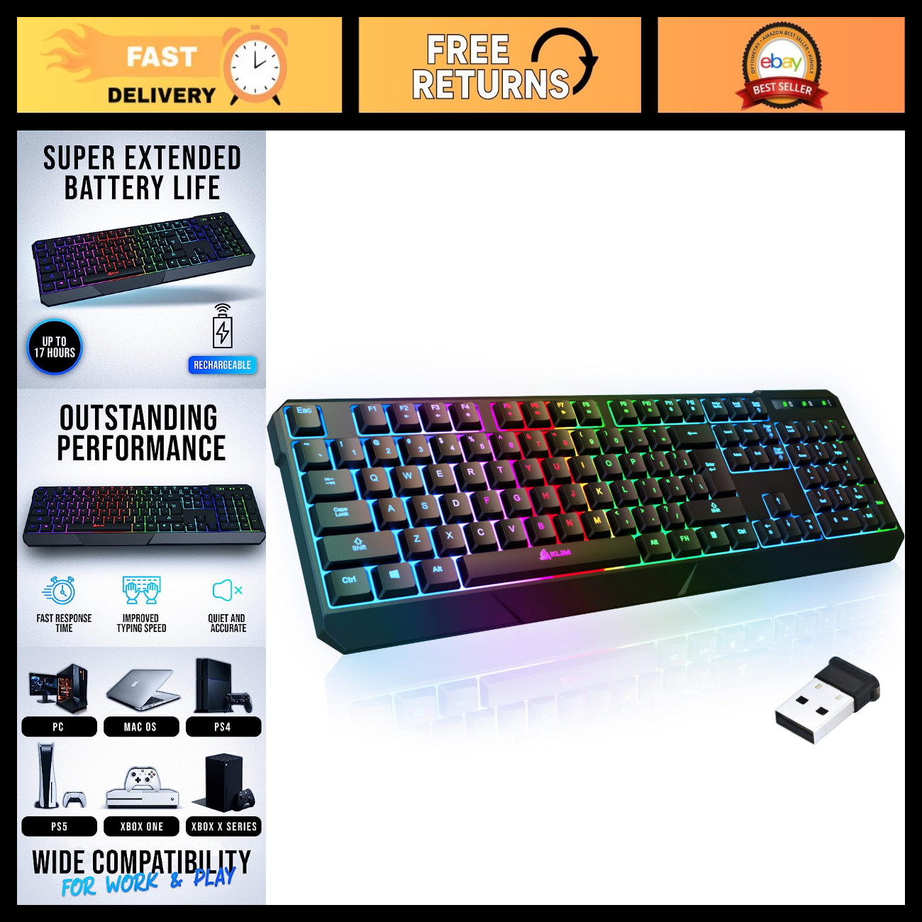 Wired Gaming Keyboard, Quiet Mechanical, US QWERTY, RGB Backlit Lighting