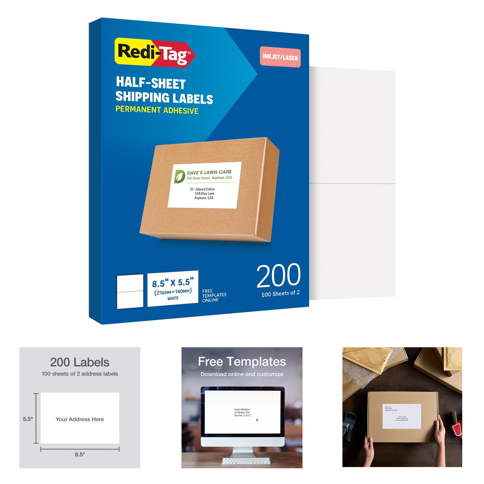 5.5" x 8.5" Shipping Labels 200 Pack White Laser Inkjet Self-Adhesive Permanent