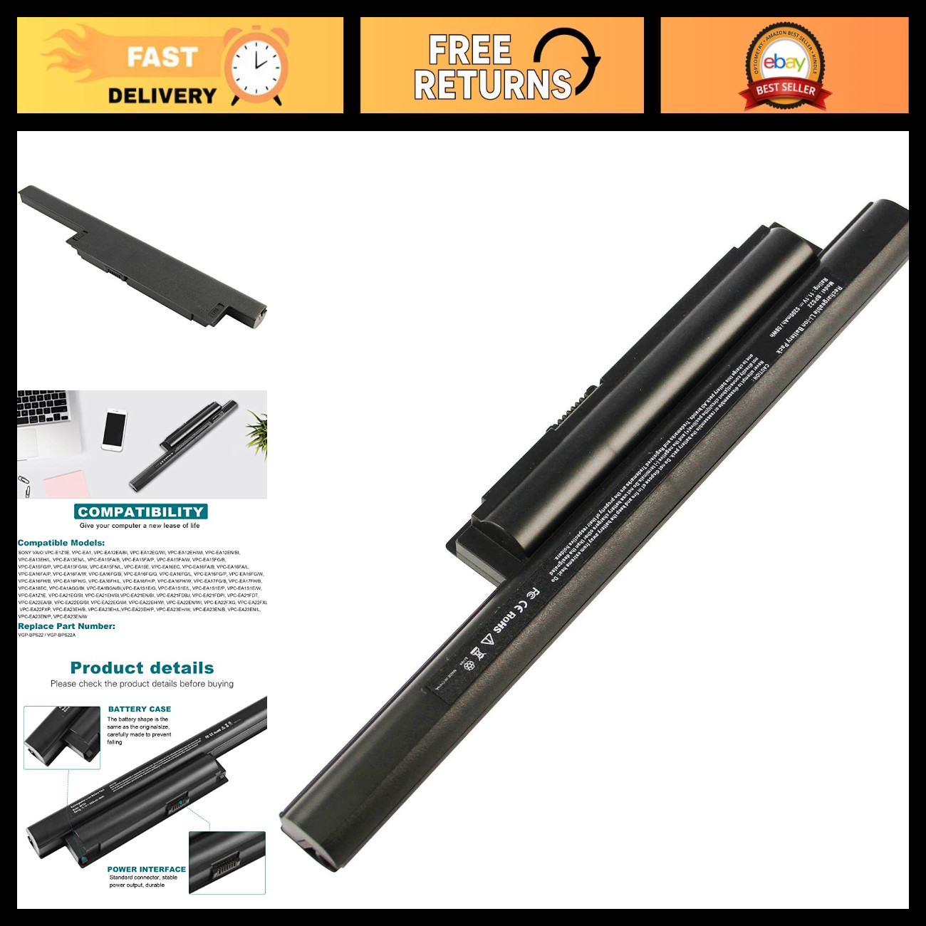 High-Capacity 11.1V Laptop Battery 5200mAh for VGP-BPS22 VGP-BPL22 VPC-E1Z1E Bla