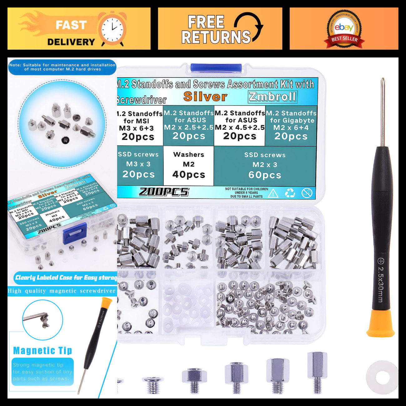 200Pcs M.2 SSD Mounting Screws & Standoffs Set for Laptop Motherboards + Screwdr