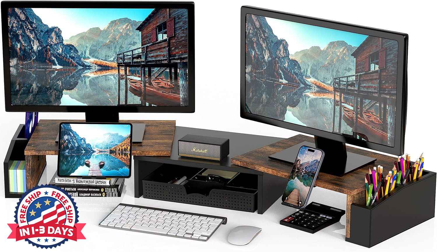 Soporte elevador para dos monitores de escritorio con cajón, color marrón