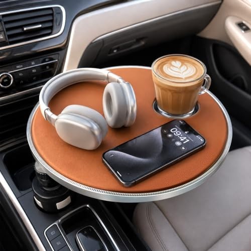 360° Rotating Car Desk Tray for Laptop and Food, Premium Leather Car Table with