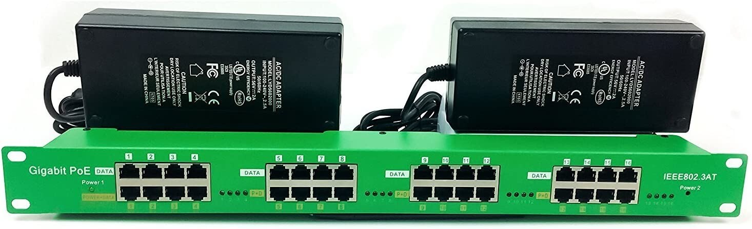16 Port Gigabit 802.3at On-Demand PoE Injector with 56V240W Power Supply