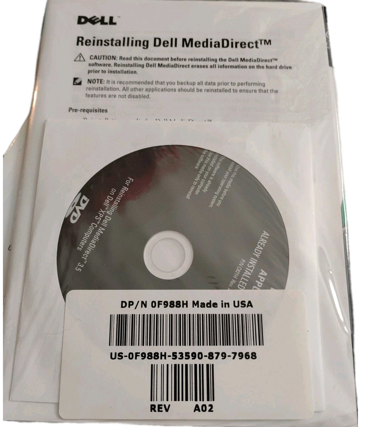 Dell MediaDirect 3.5 Reinstallation Disc and Manual Unopened 