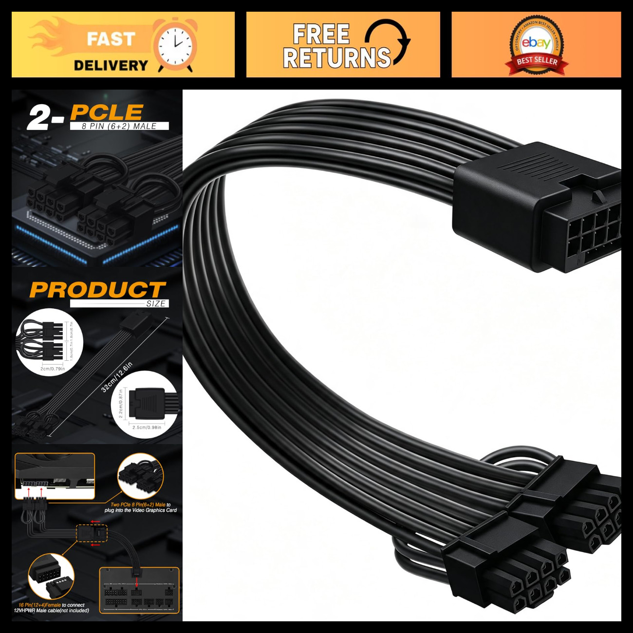 12VHPWR GPU Power Cable Extension 16 Pin to Dual 8 Pin PCIe 30cm Black