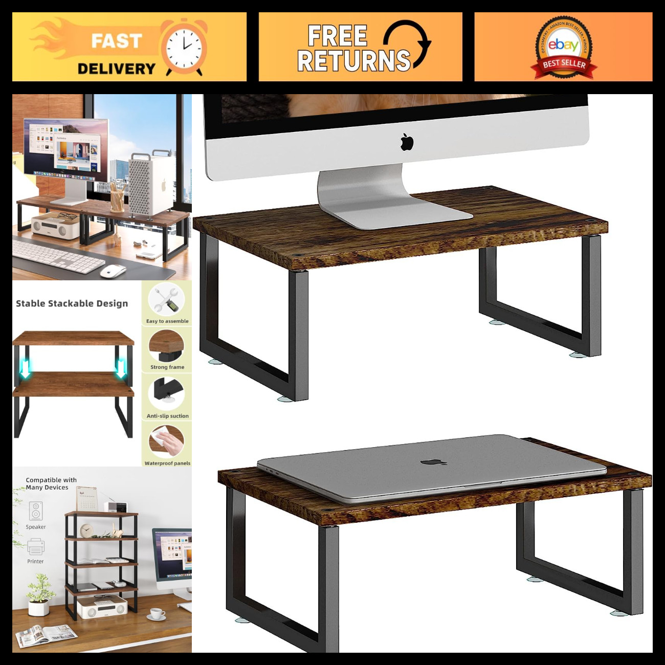 Wood Monitor Stand Riser 2 Pack - Antique Brown, Adjustable Height, Desk Organiz