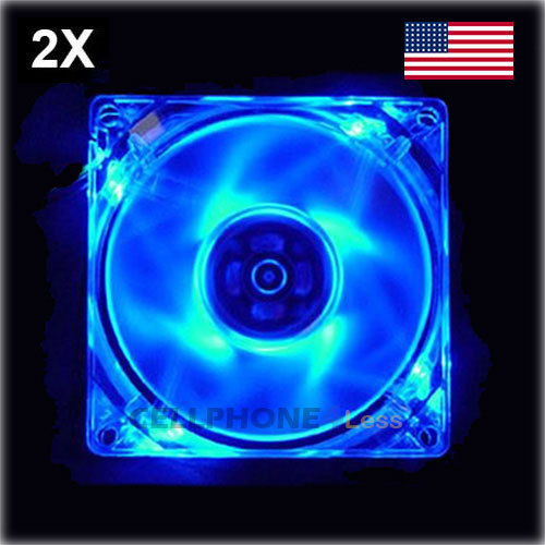 2X 80mm Computer PC Clear Case Cooling Fan With LED - Blue