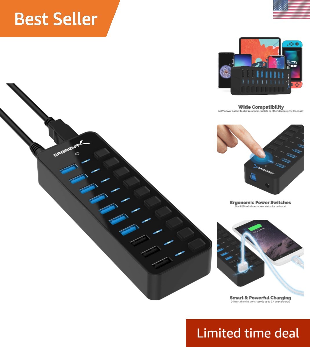 Compact USB 3.0 Hub: 10 Ports with 3 Charging Ports & 60W Power Delivery
