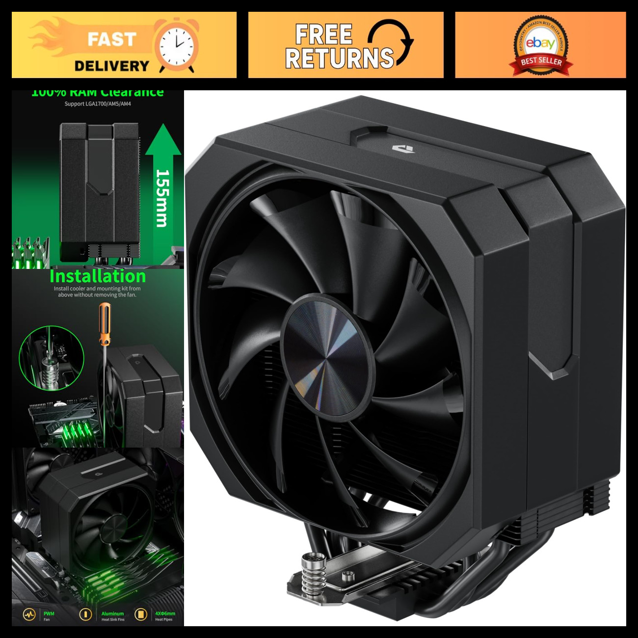 High-Performance CPU Air Cooler, 120mm Fan, 4 Heat Pipes, AMD/Intel Compatible,