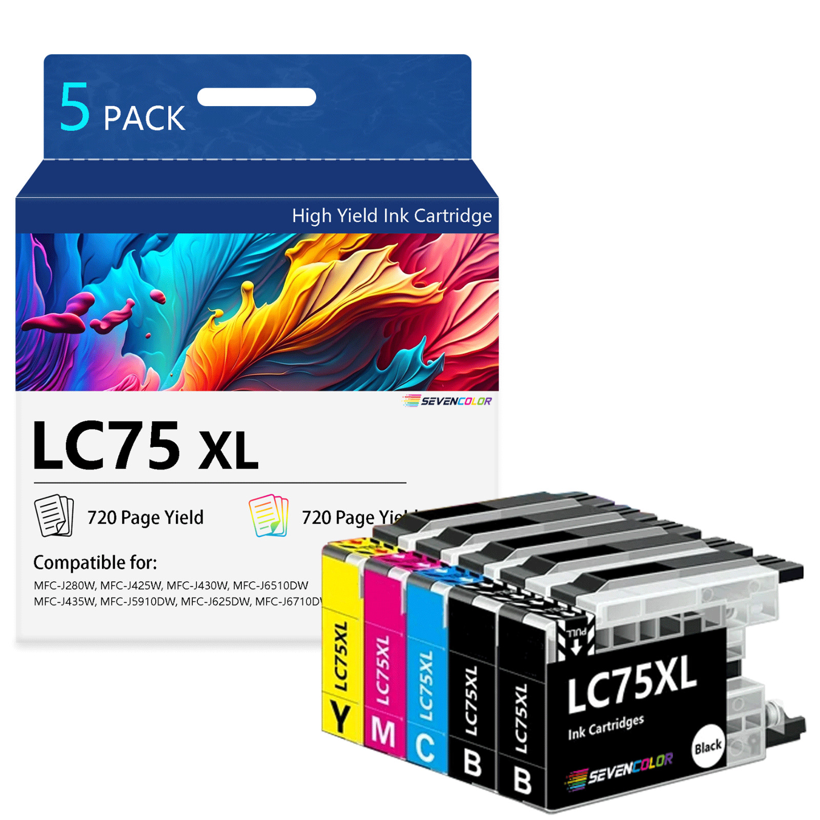 LC75XL Ink Cartridges (2BK/C/M/Y 5-Pack), Each Pack Page Yield Up to 720 Pages