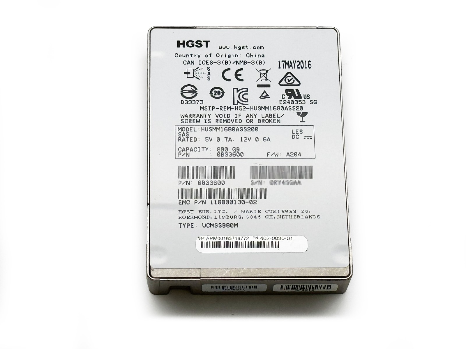 HGST 800GB 12Gbps SAS 2.5" Enterprise SSD Ultrastar HUSMM1680ASS200 0B33600
