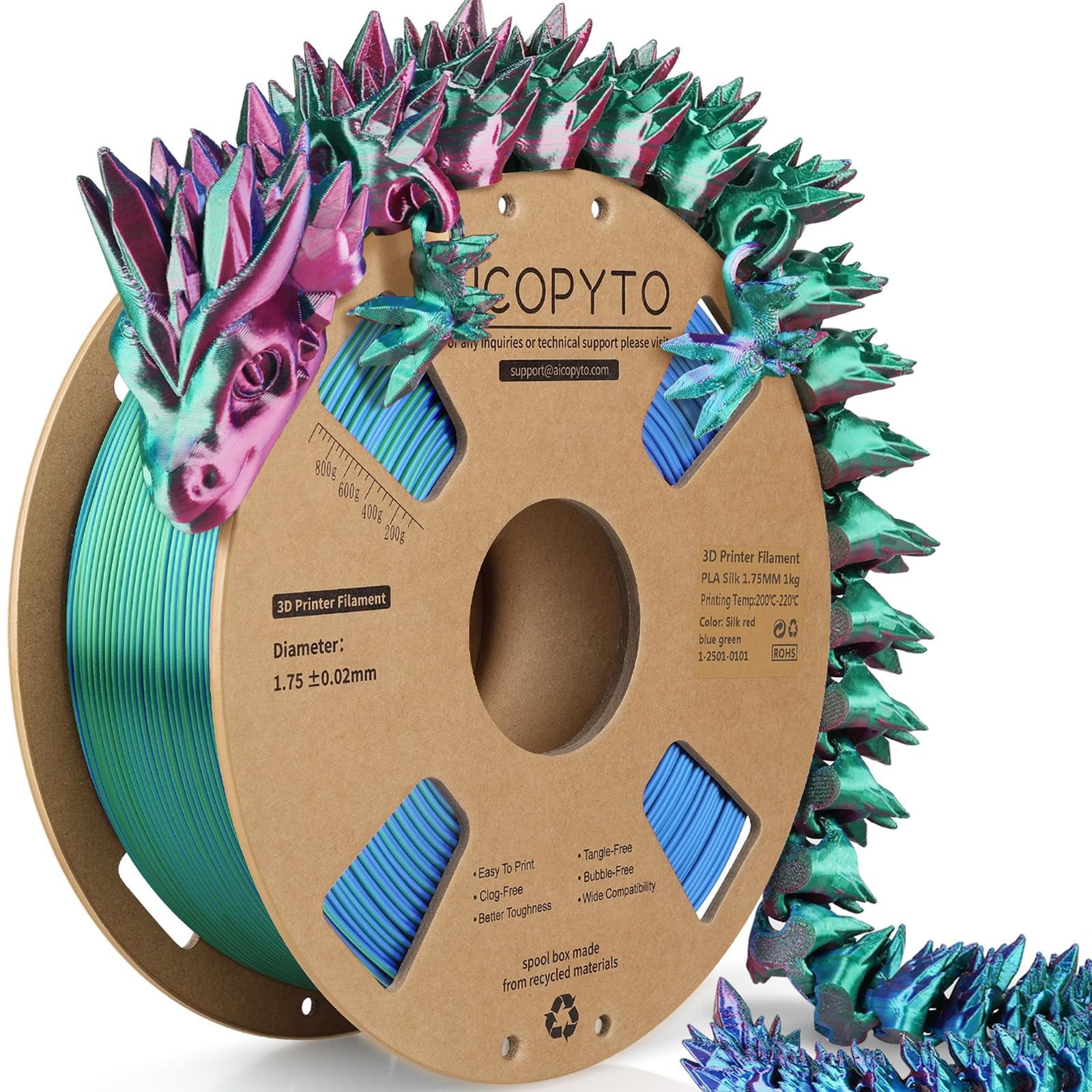 3D Printer Silk PLA Filament 1.75mm, Shiny Triple Color Red Blue Green, Dimen...