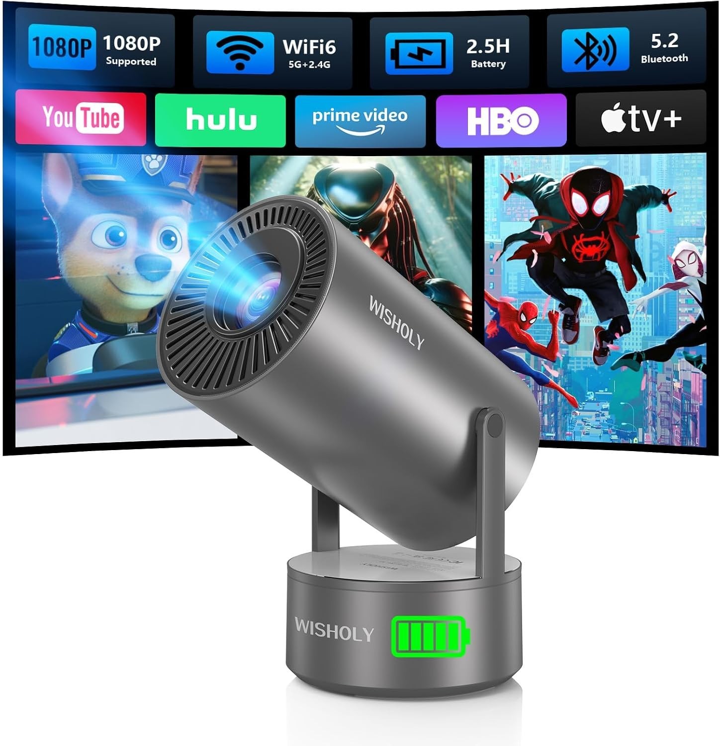 Portable Projector with Built-in Apps & Rechargeable Battery, Mini Iron Gray