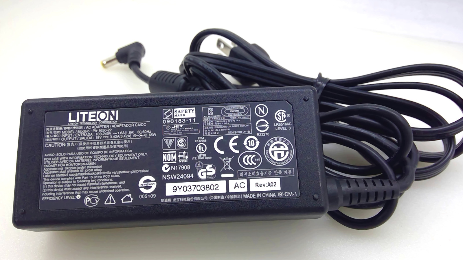 Genuine LiteOn PA-1650-22 65W AC Adapter 19V 3.42A 5.5x1.7mm Yellow Tip