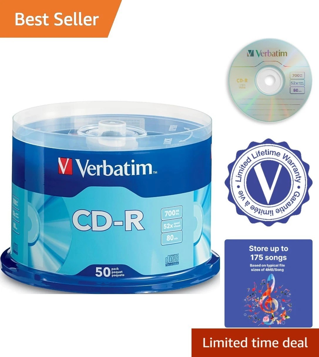 50 Pack CD-R Blank Discs 700MB 52x for Fast Music & Data Recording