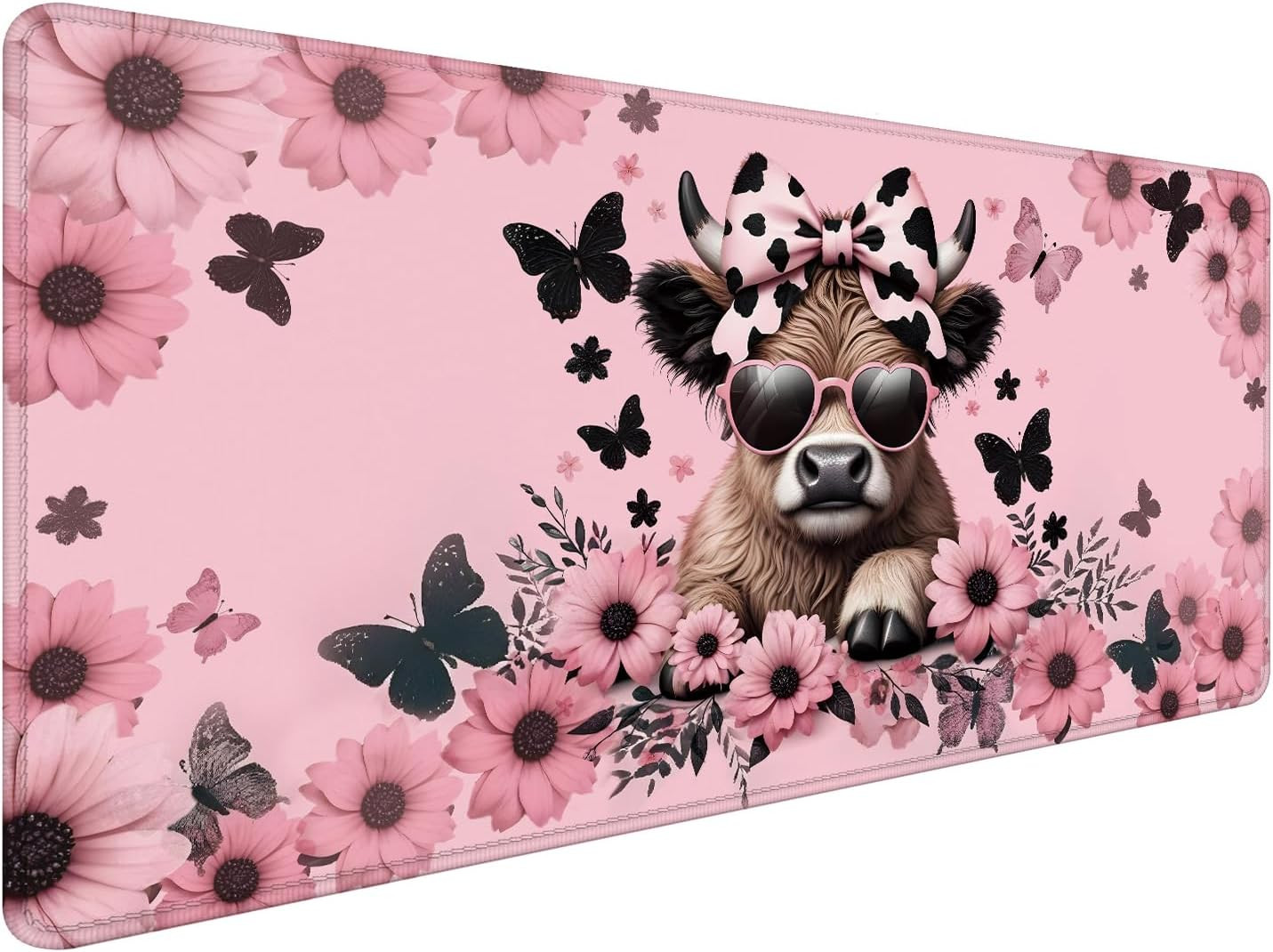 Funny Pink Floral Highland Cow Mouse Pad 31.5x15.7inch, Cute Heifer Cow Print Mo