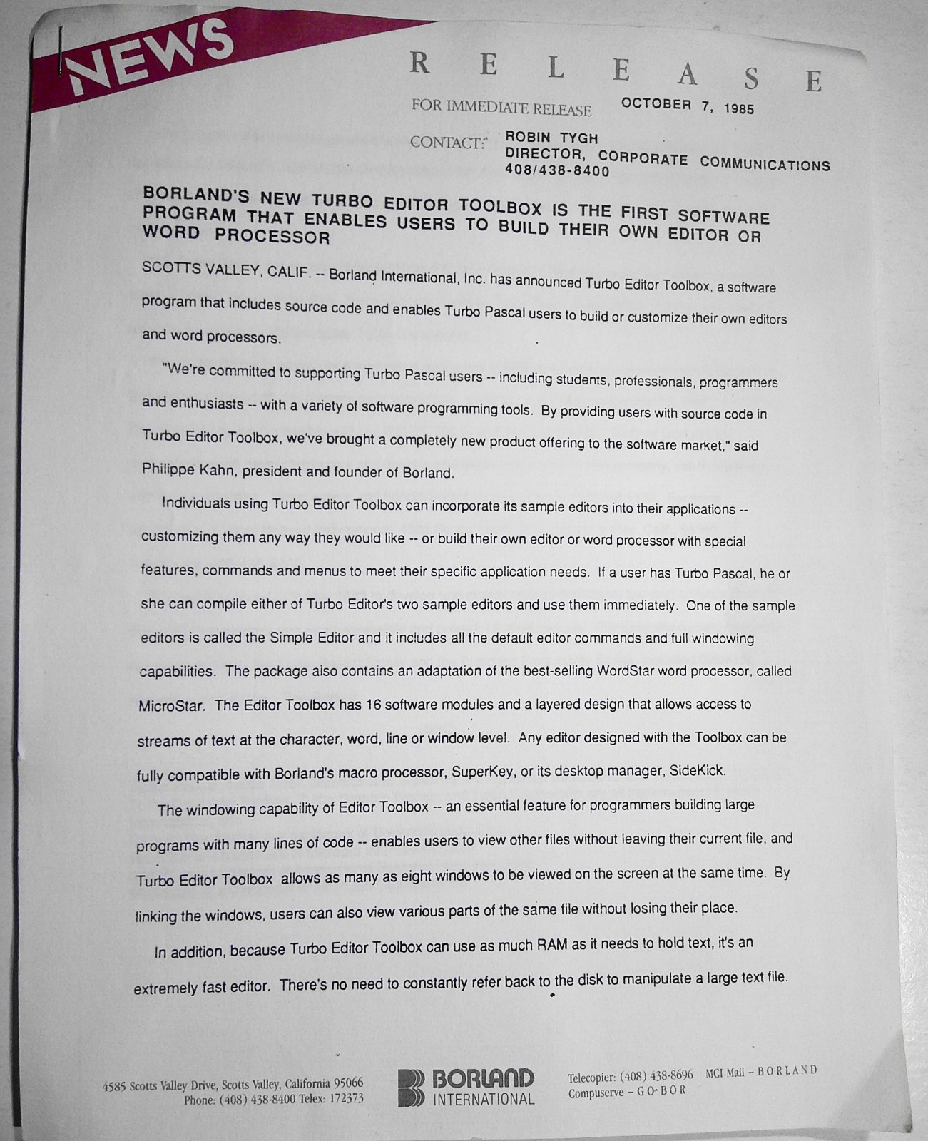 1985 Borland Turbo Editor Toolbox Press Release - Build your own editor or WP