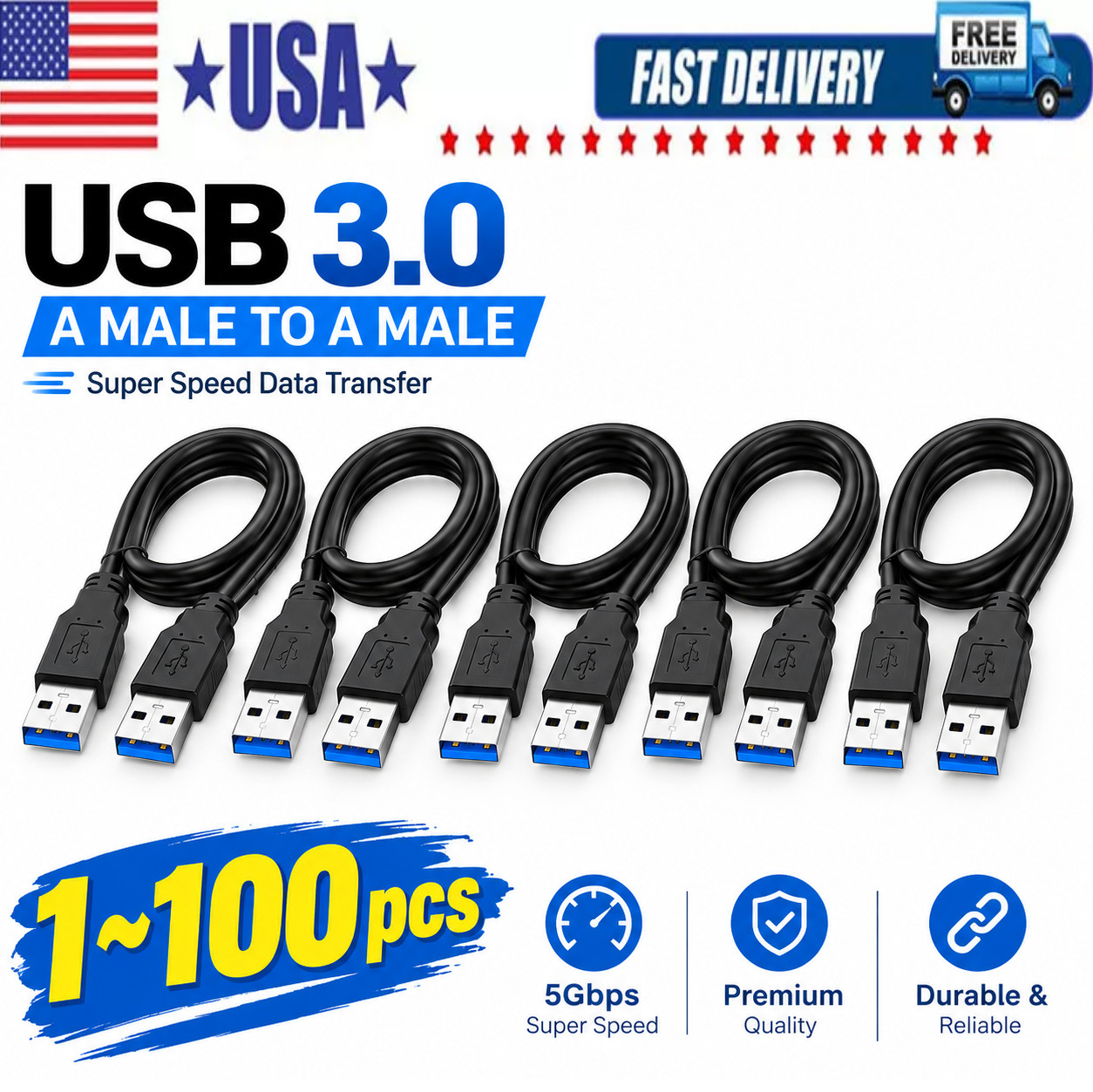 USB 3.0 A Male to A Male Cable Data Transfer Super Speed Power Charger Metal LOT