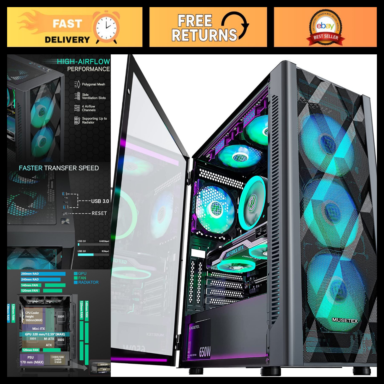 Mid-Tower Gaming PC Case with 6 RGB Fans, Tempered Glass, USB 3.0, Black