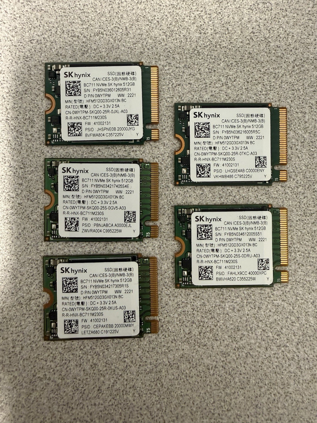 LOT of 5 - SK Hynix BC711 512GB M.2 2230 PCIe NVMe SSD