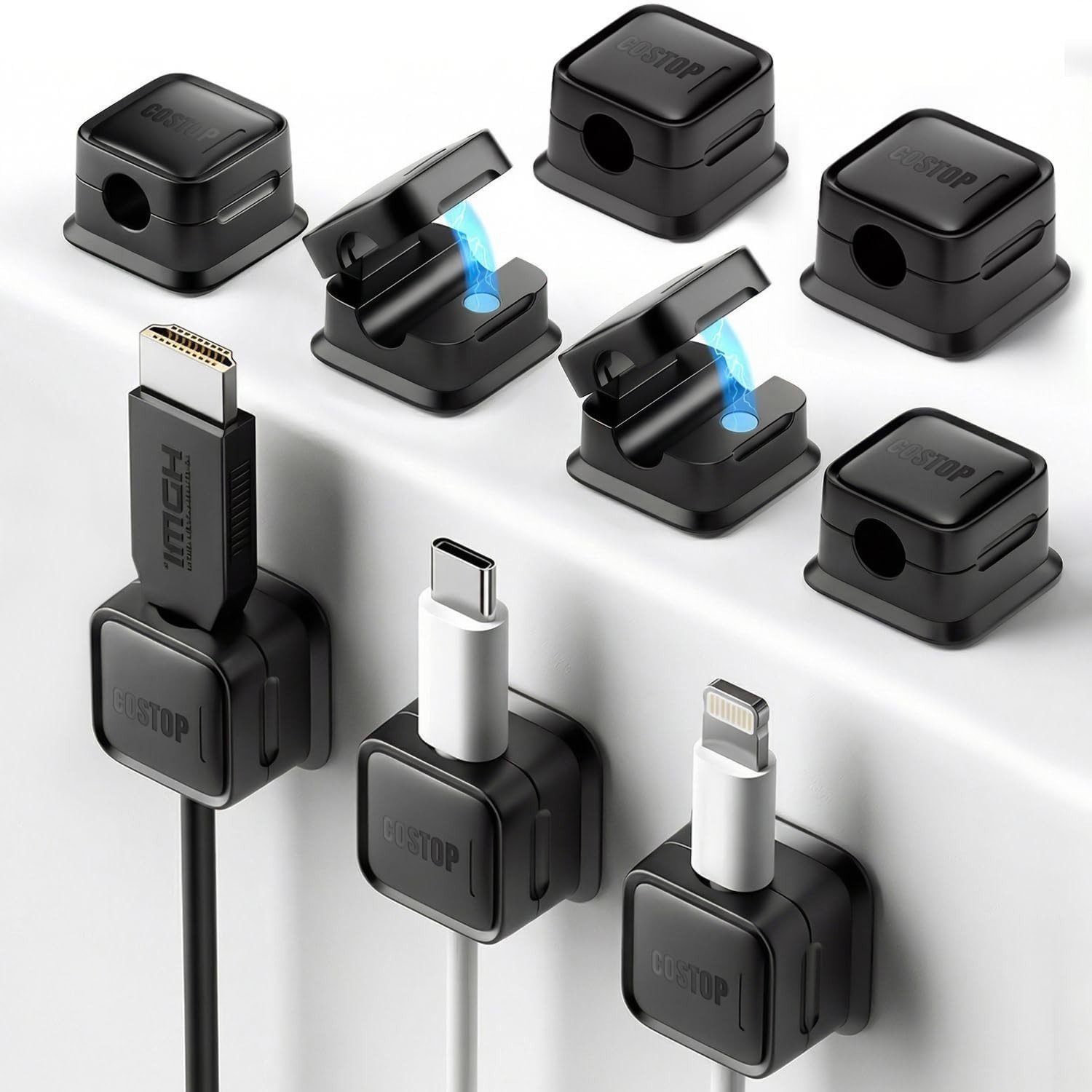 No-Damage Magnetic Cord Organizers - 9 Pack Self-Adhesive Clips in Elegant Black