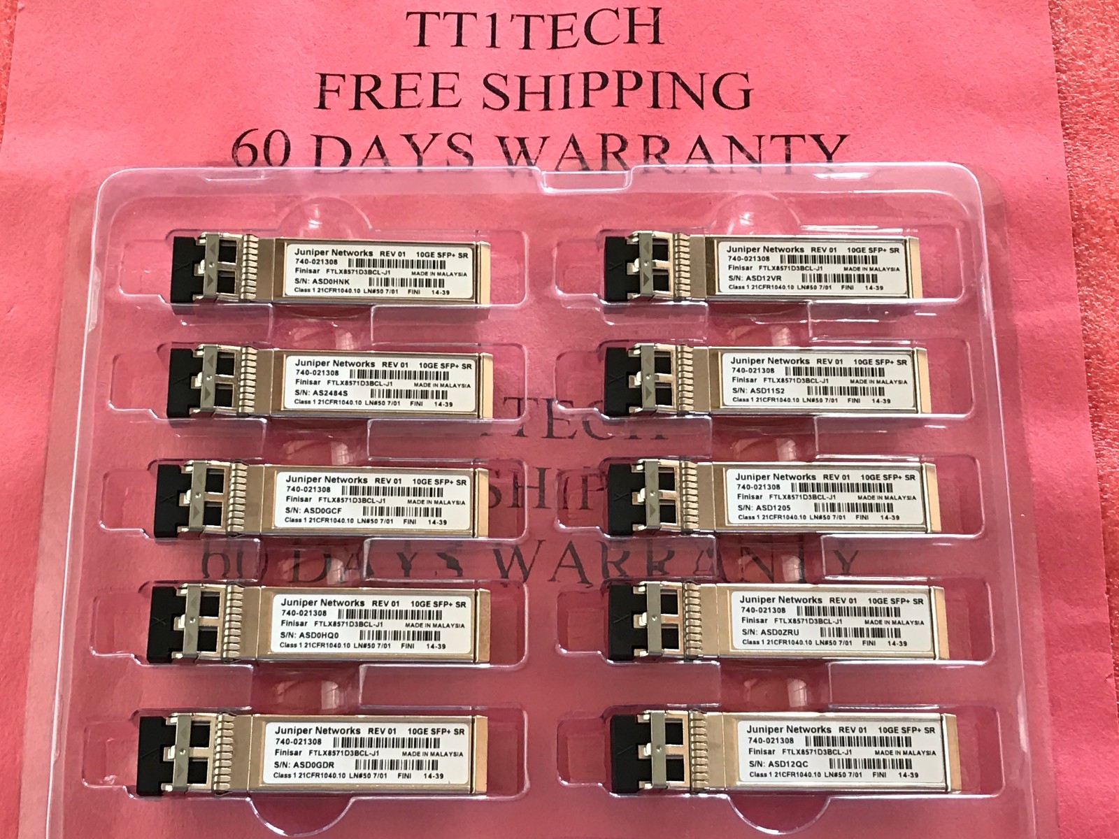Lot of 10 New Juniper Networks EX-SFP-10GE-SR SFPP-10GE-SR 740-021308 10GE SFP+ 