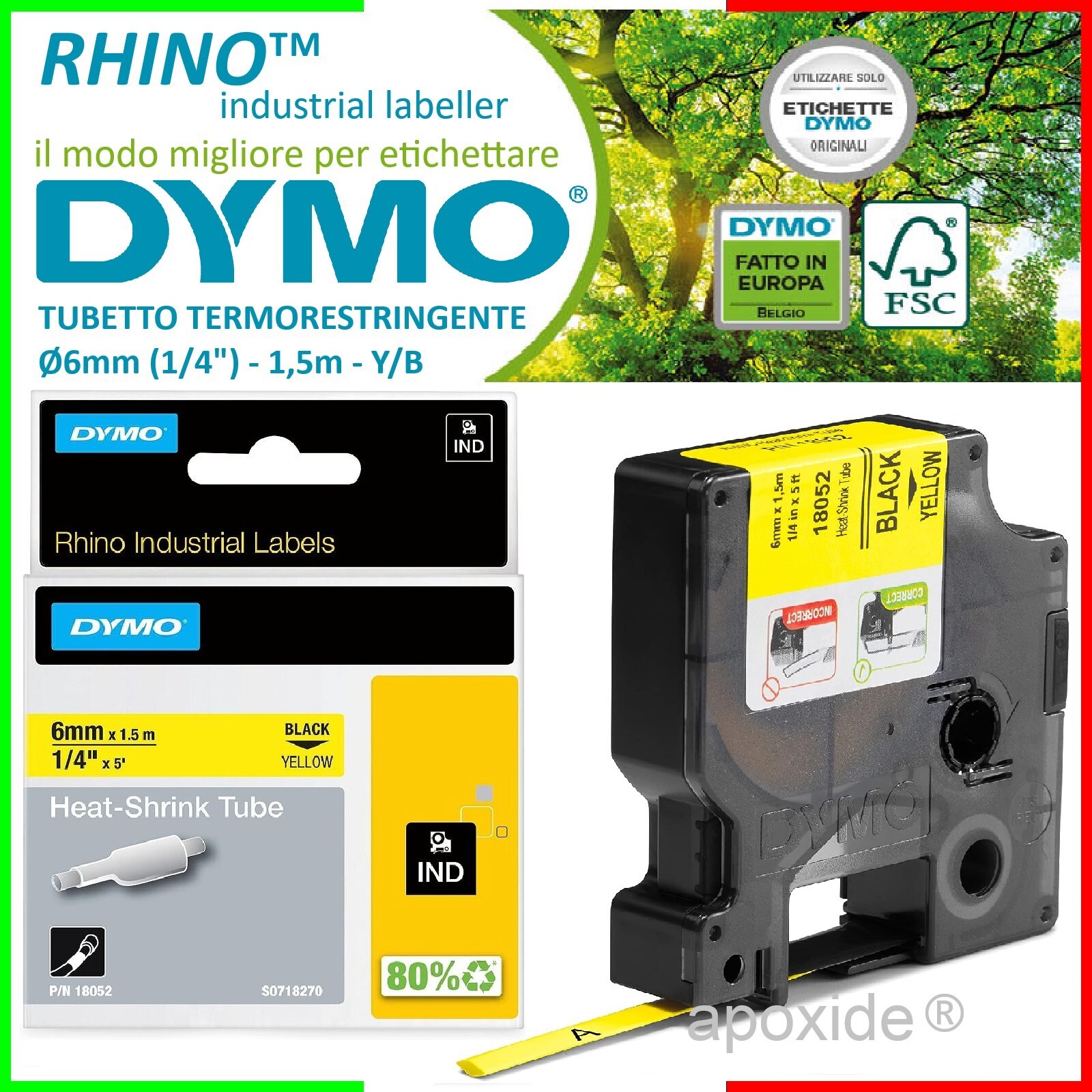 DYMO® 18052 RHINO™CART★BLACK-YELLOW HEAT-SHRINK TUBE Ø6mmx1.5m★THERMAL STRINGENT