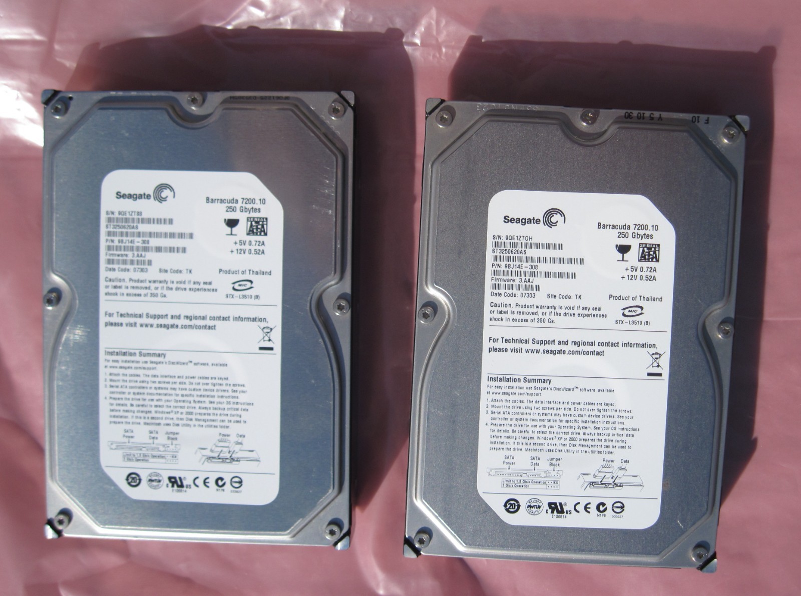 Seagate Barracuda SATA HDs 250GB/drive 7200RPM  Two exactly matching drives