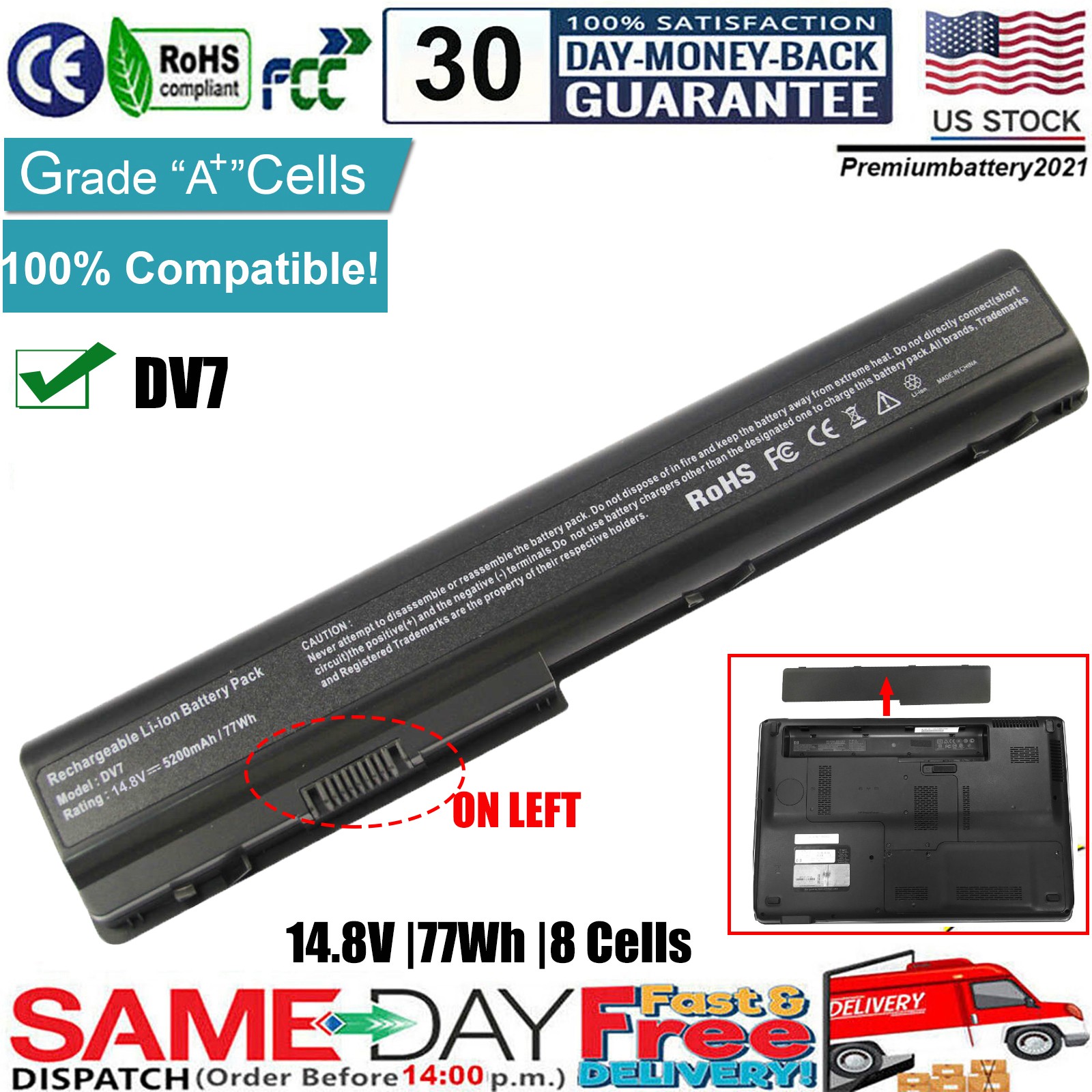 ✅8 Cell Battery 480385-001 HSTNN-C50C for HP Pavilion dv7-1260us dv7-1270us Fast