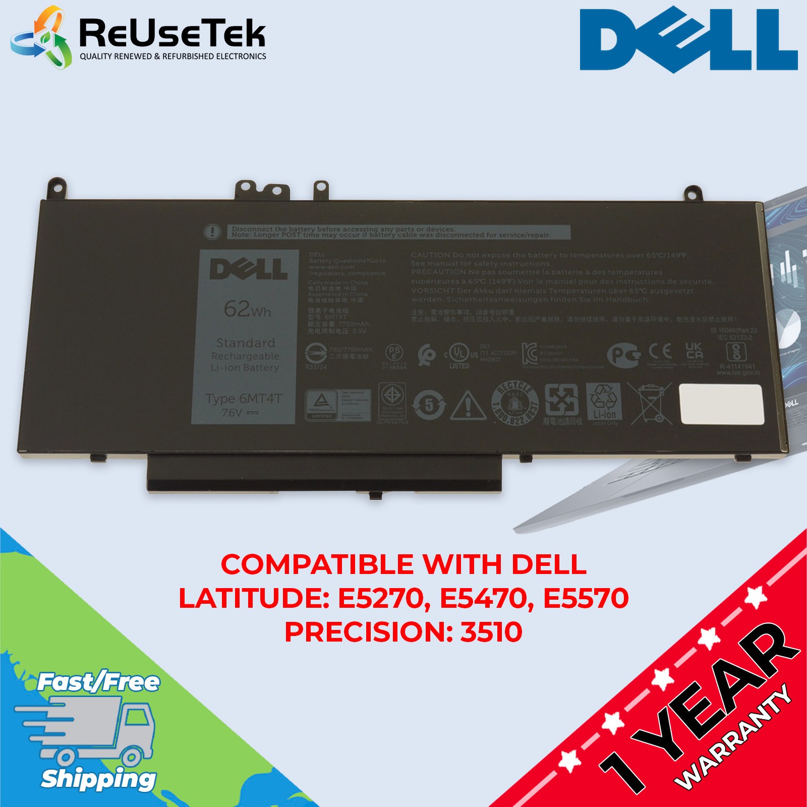 Genuine Dell 6MT4T 62Wh 4-Cell Laptop Battery for Latitude E5270 E5470 E5570